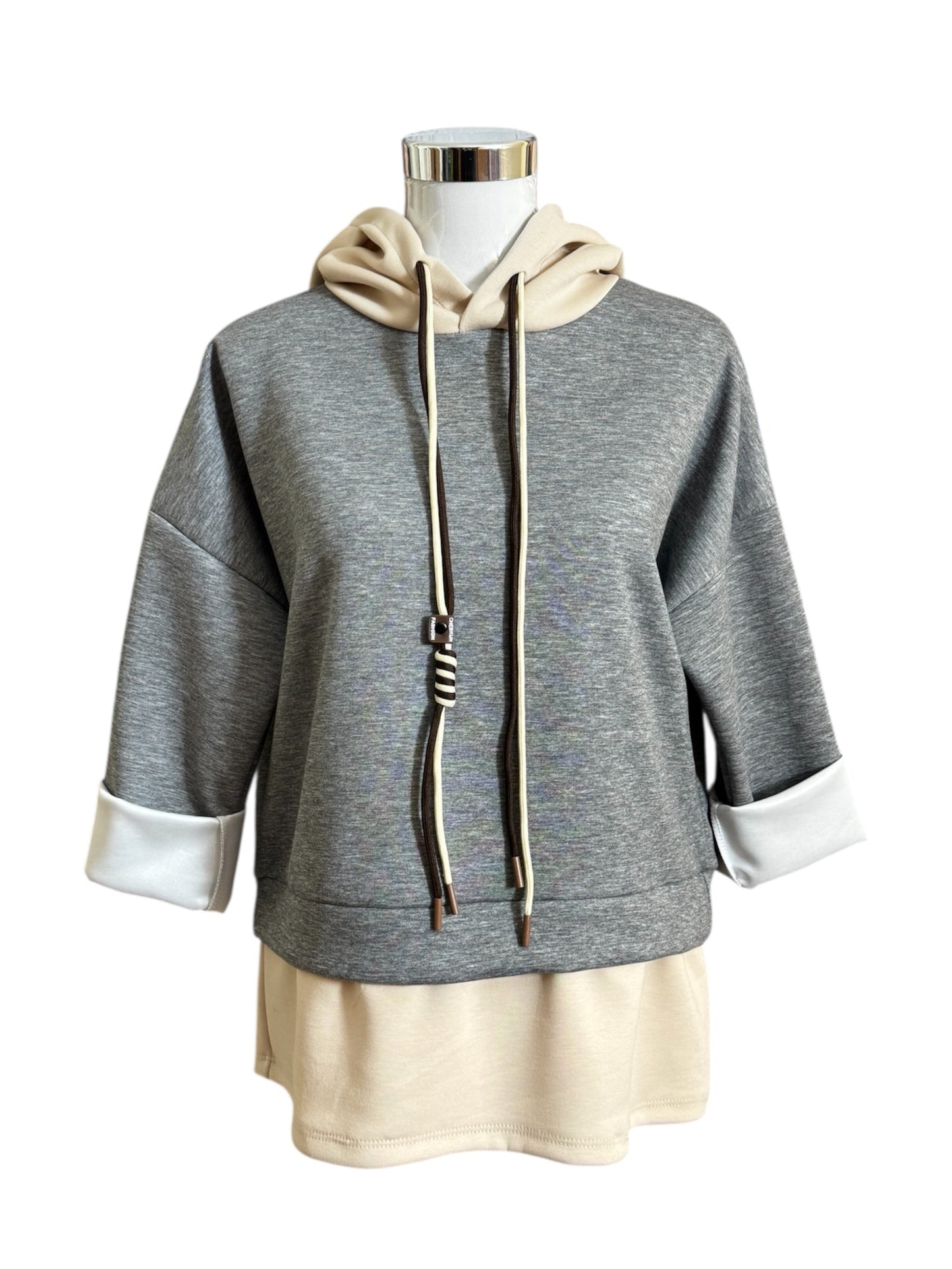 Modischer Hoodie-Layering Pullover in Grau & Beige Größe L