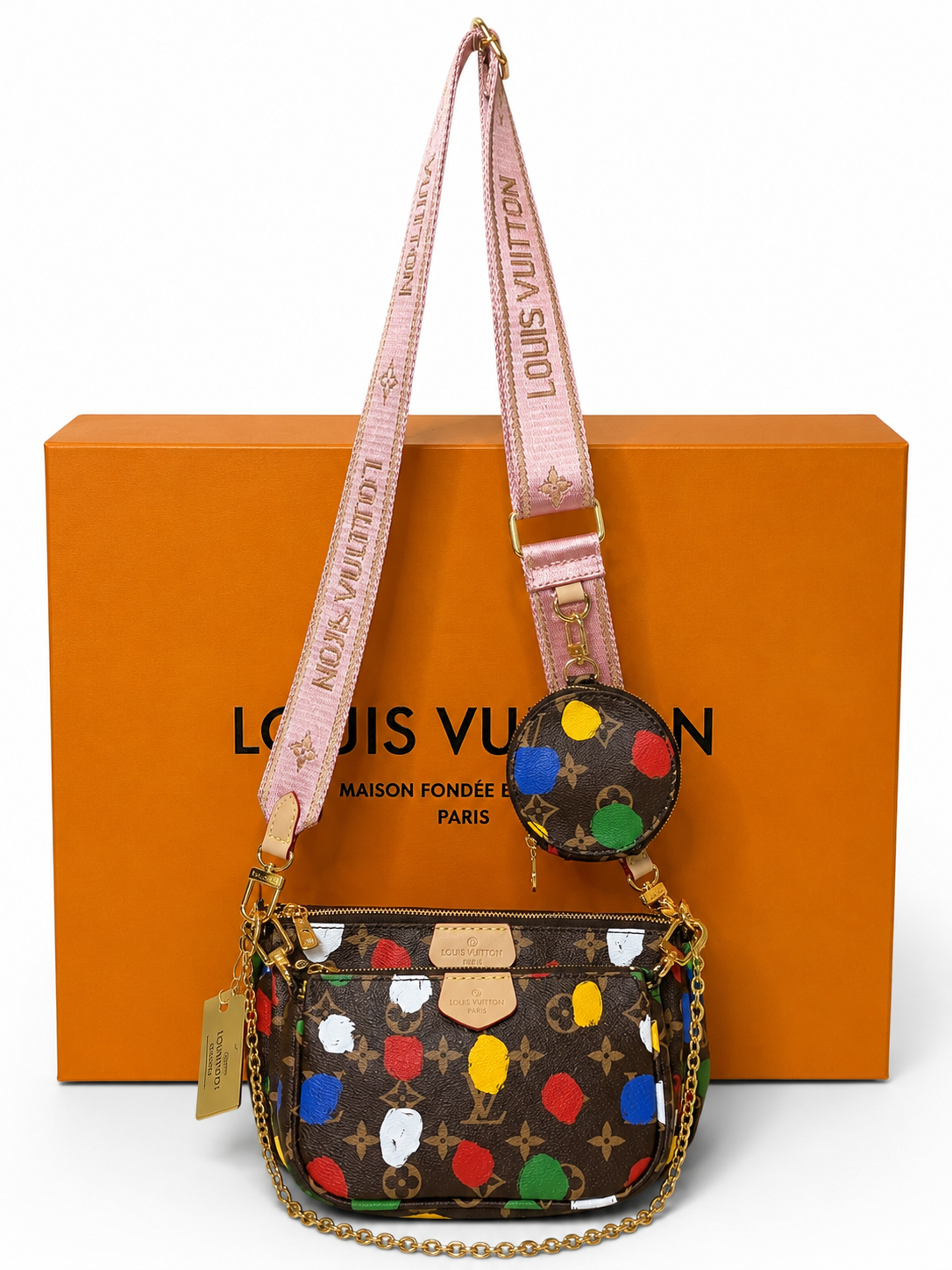 Crossbody Bag. Set 3.-Teilig Damen Umhängetasche in der Farbe Braun/Bunt Riemen-Rosa