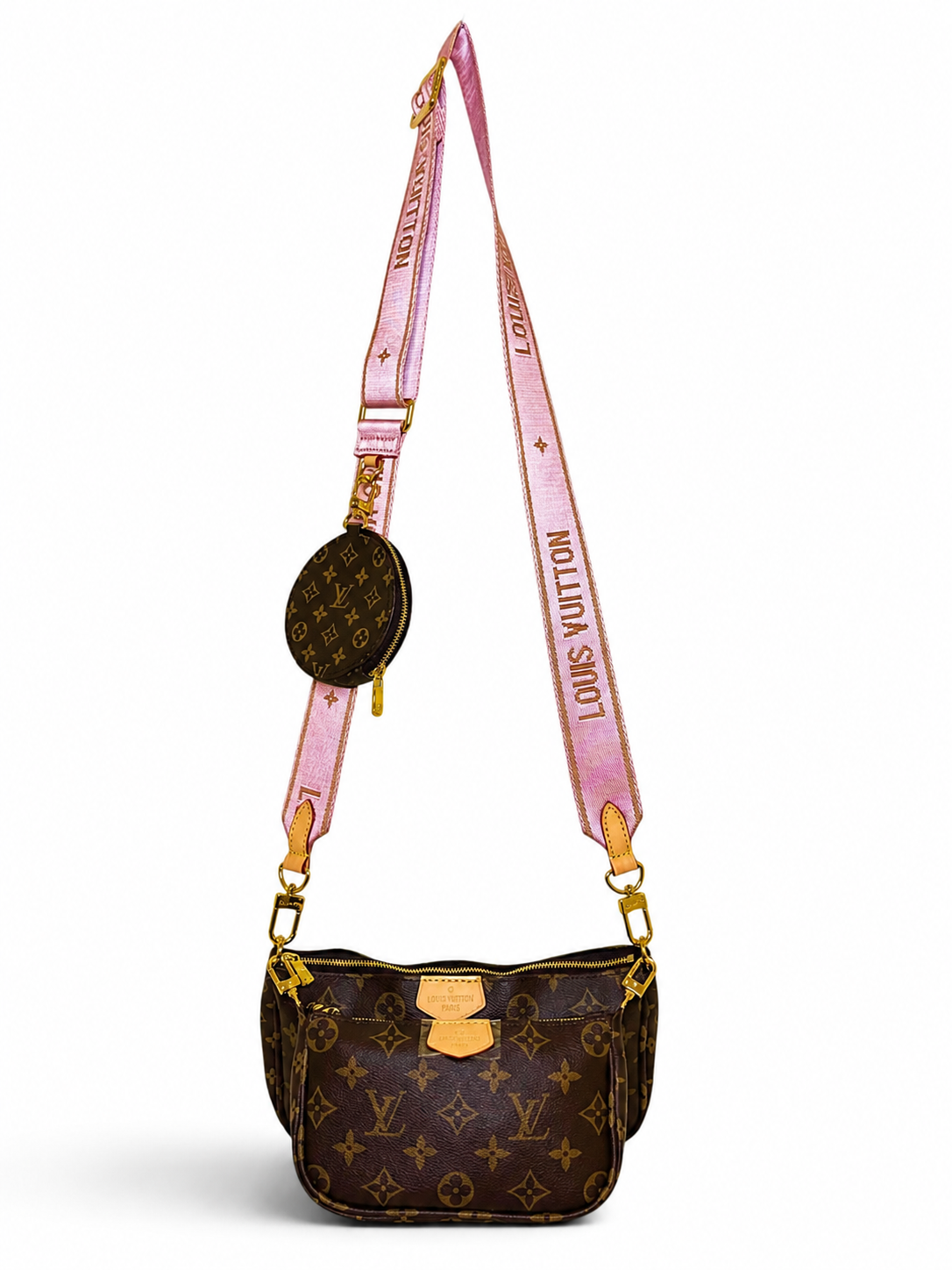 Crossbody Bag. Set 3.-Teilig Damen Umhängetasche in der Farbe Braun/Riemen-Rosa