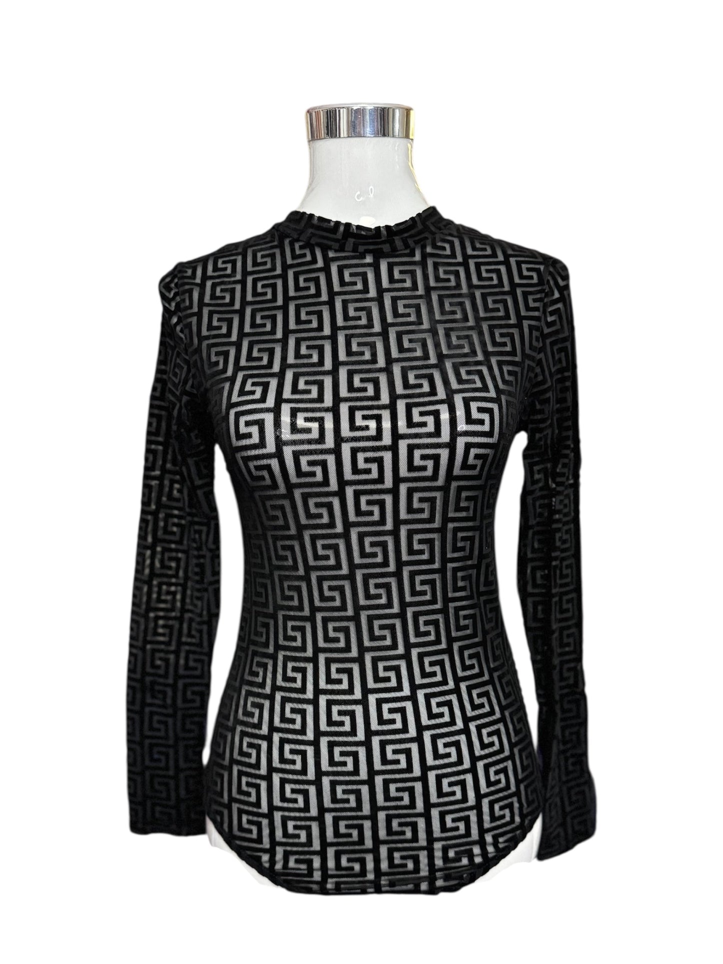 Eleganter Mesh-Body-Pullover in Schwarz mit Statement-Muster
