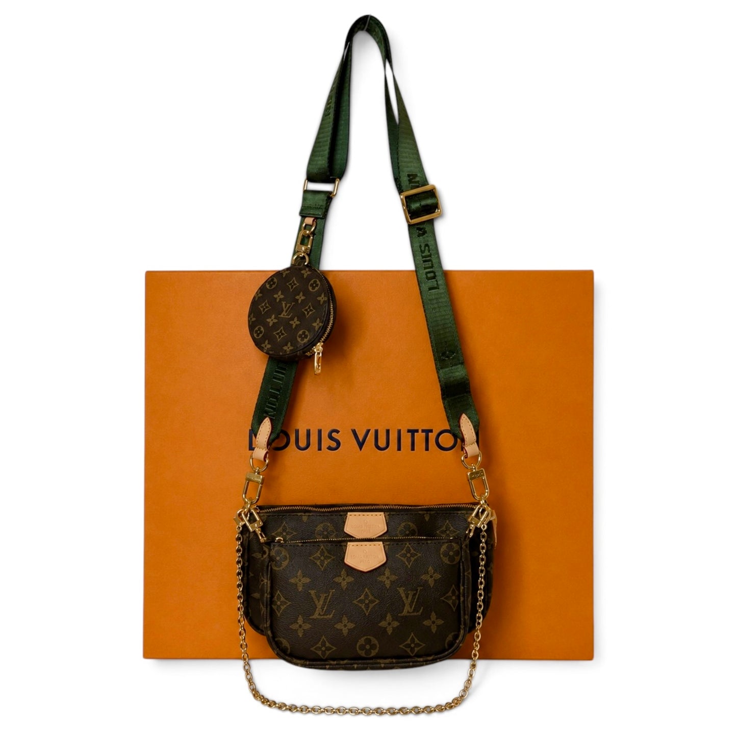 Crossbody Bag. Set 3.-Teilig Damen Umhängetasche in der Farbe Braun/Riemen-Grün