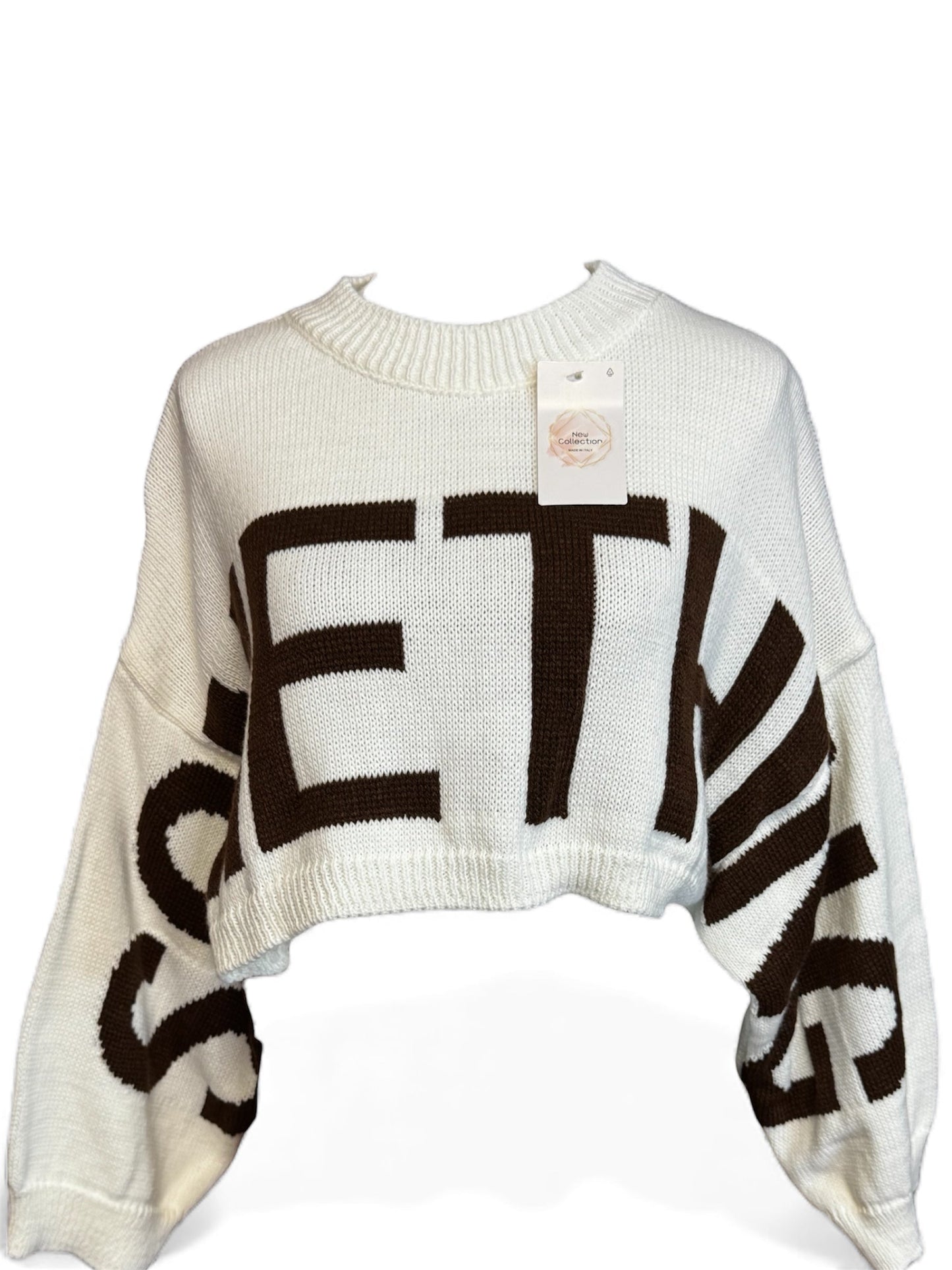 Weißer Crop-Strickpullover „SOMETHING“ mit dunkelbrauner Schrift Größe One Size